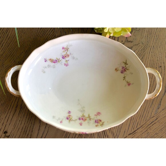 Antique Theodore Haviland Limoges Floral Oval Lidded Vegetable Server Gold Trim - Picture 5 of 8